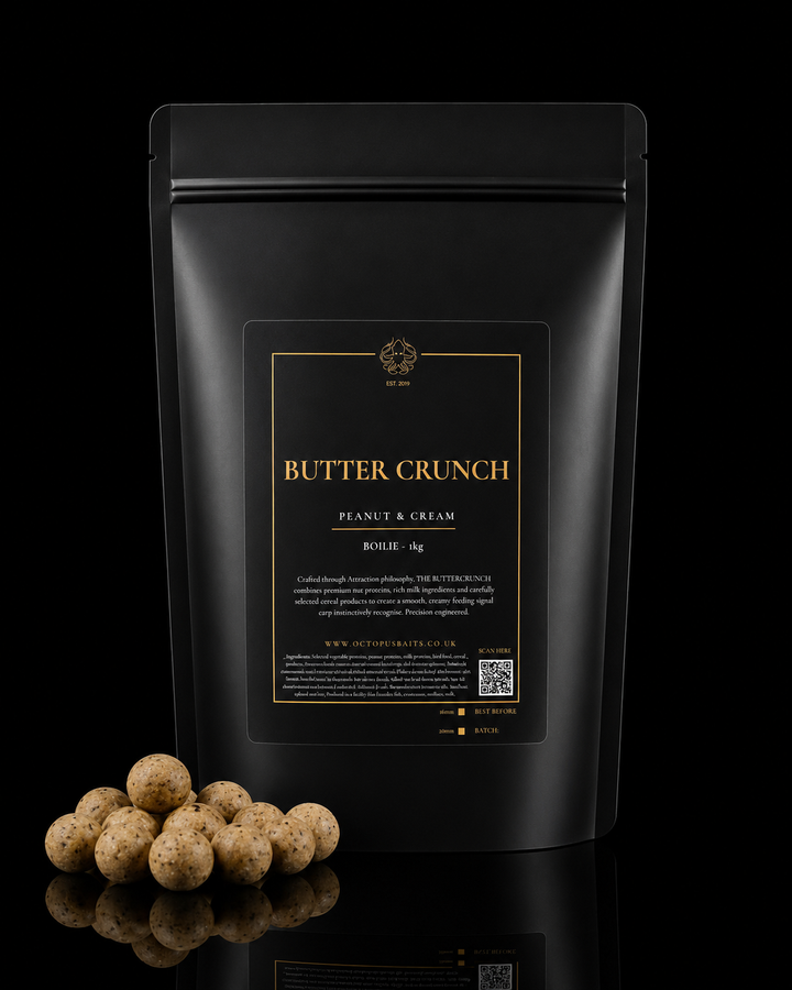 Butter Crunch shelf life carp boilies in a 1kg bag by Octopus Baits