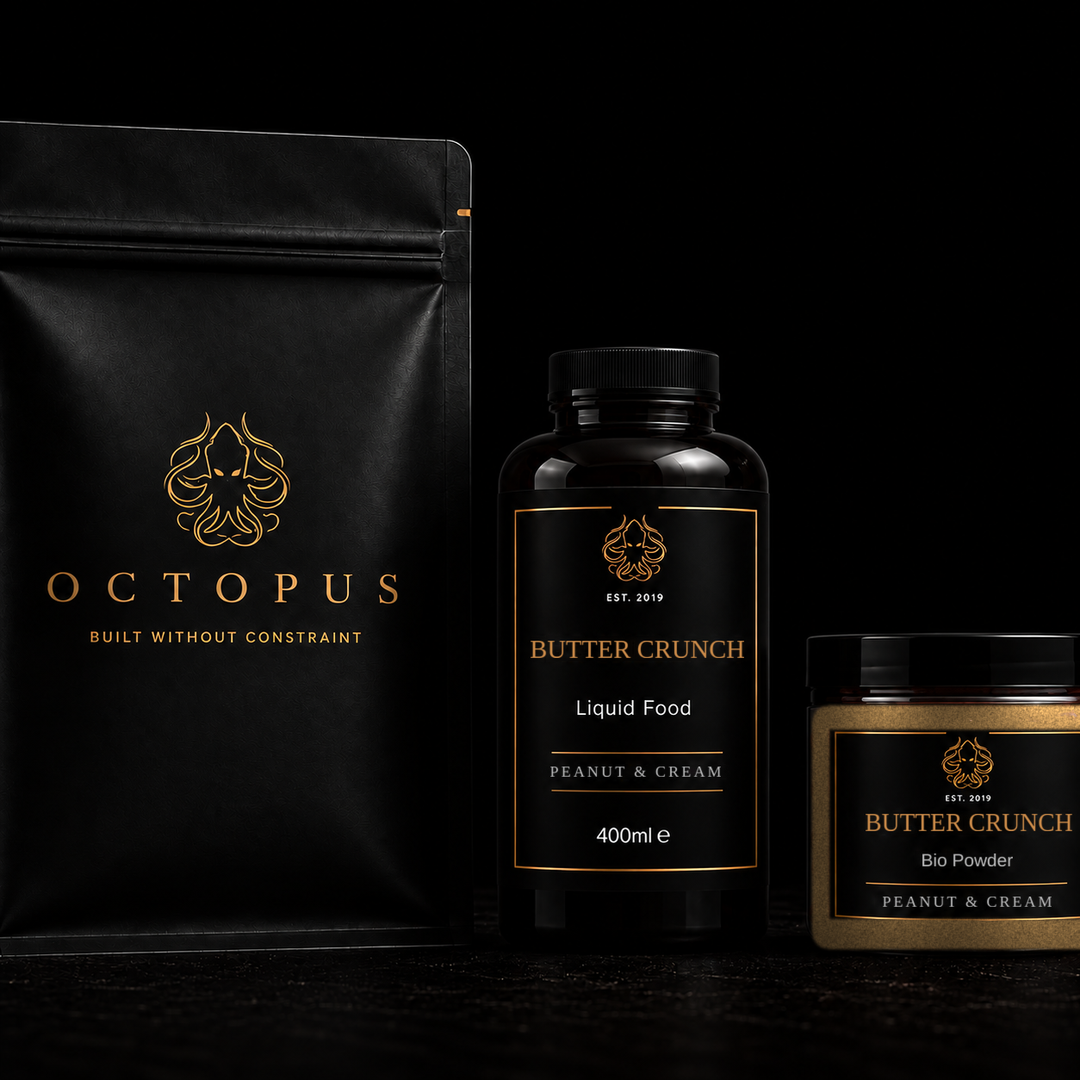 Butter Crunch 5kg bundle: shelf life boilies, liquid food and bio powder by Octopus Baits